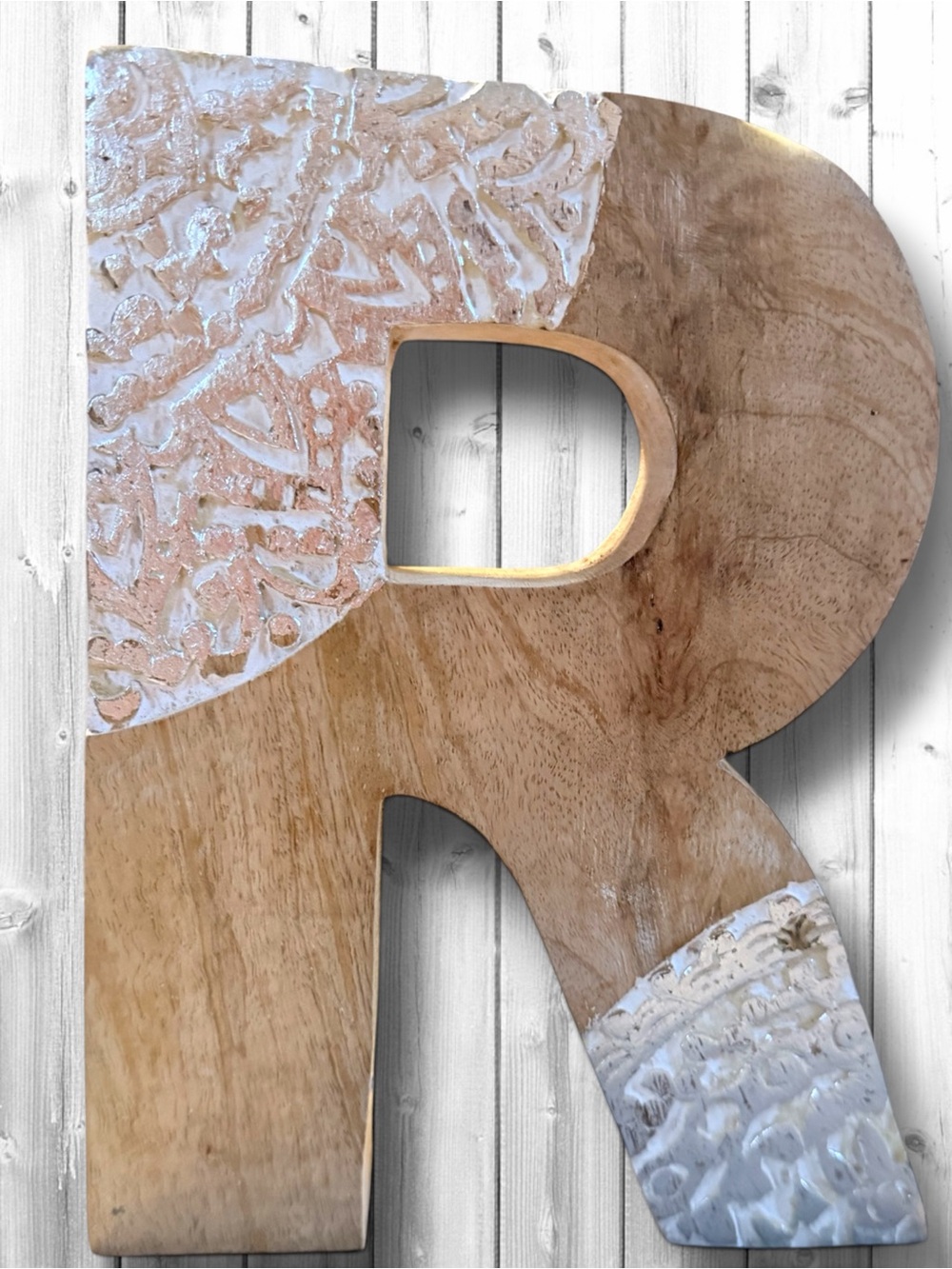 🌸Kenton Gret Rustic Wooden 'R' Wall Letter with Silver Embossed Accents